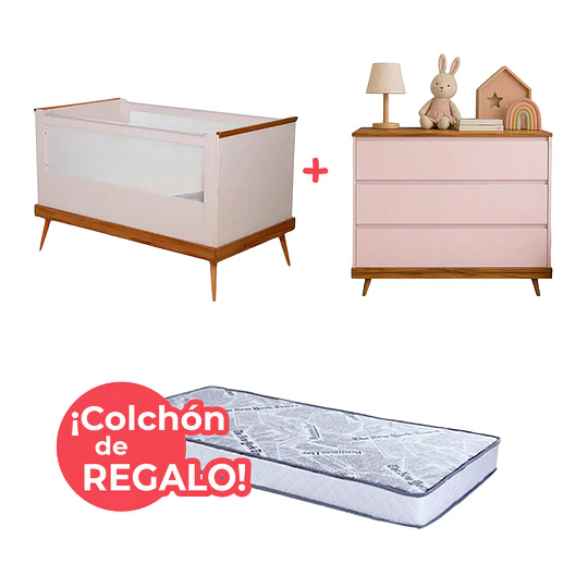 Combo Cuna Sognare Cancao Rosada + Cómoda Sognare Cancao Rosada + Colchon Cuna Kid 130 x 70 Cms