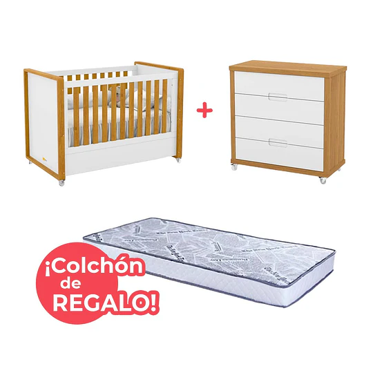 Set Habitación Tutto Blanco Caramelo: Cuna 2 Funciones + Cómoda + ¡Colchón de Regalo!