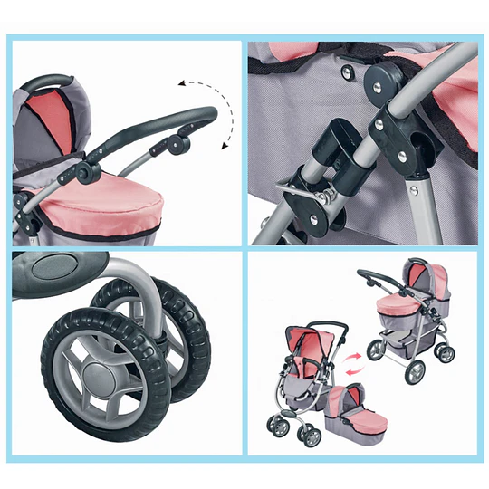 Coche de Muñeca 3 en 1 Kidscool Rosado con Manillar Ajustable