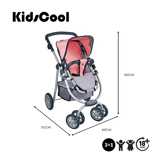 Coche de Muñeca 3 en 1 Kidscool Rosado con Manillar Ajustable
