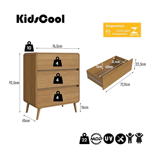 Cómoda Mudador Infantil Retro 3 Cajones Kidscool MDP Roble 