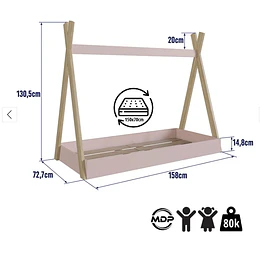 Cama Infantil Montessori Rosado + Colchon 150 x 70 x 10 cms