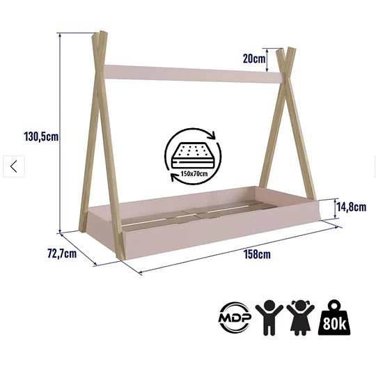Cama Infantil Montessori Rosado + Colchon 150 x 70 x 10 cms
