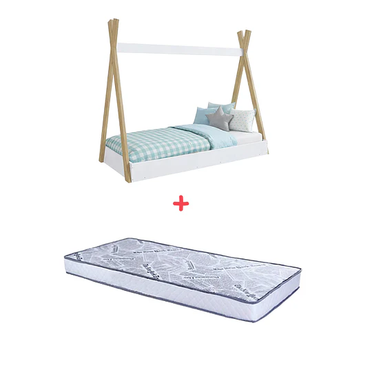 Cama Infantil Montessori Blanca + Colchón 150 x 70 x 10 cms