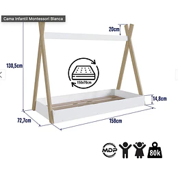 Cama Infantil Montessori Blanca + Colchón 150 x 70 x 10 cms