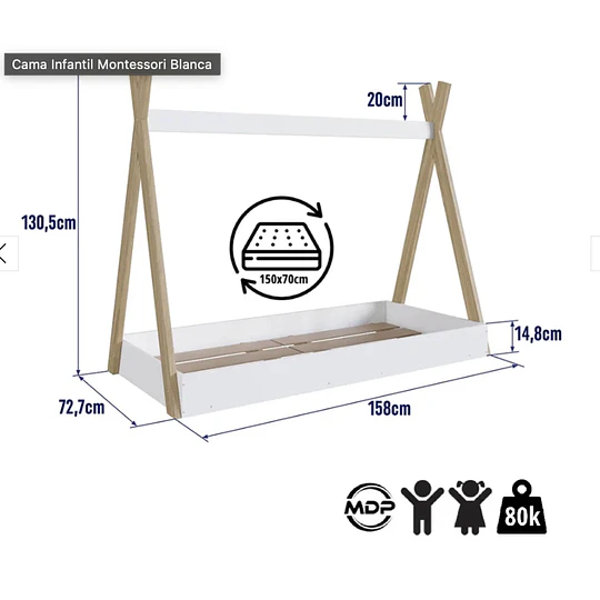 Cama Infantil Montessori Blanca + Colchón 150 x 70 x 10 cms