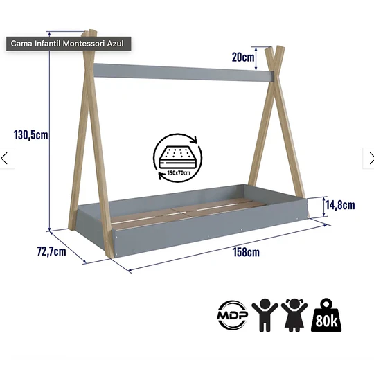 Cama Infantil Montessori Azul + Colchón 150 x 70 x10 cms