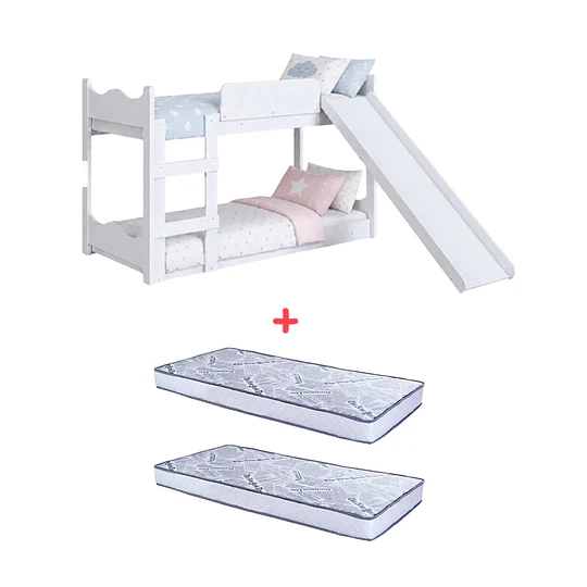 Camarote Infantil de Transición Montessori Kidscool MDP Blanco con Resbalín + 2 Colchones 150 x 70 x 10 cms