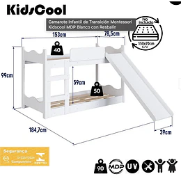 Camarote Infantil de Transición Montessori Kidscool MDP Blanco con Resbalín + 2 Colchones 150 x 70 x 10 cms