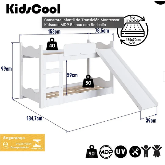 Camarote Infantil de Transición Montessori Kidscool MDP Blanco con Resbalín + 2 Colchones 150 x 70 x 10 cms