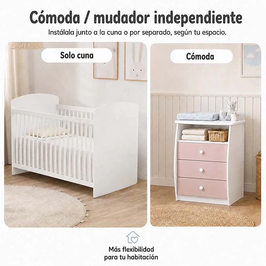 Cuna con Mudador Bambini Rosado+Colchon Cuna Baby Box 130x60 