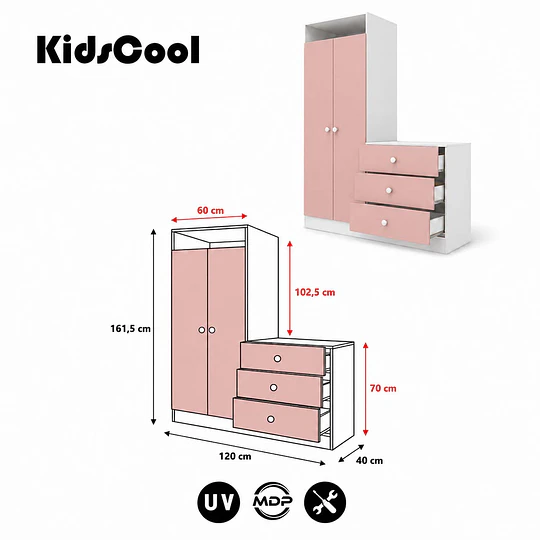 Closet Armario Infantil con Cómoda Kidscool Pimpolho Rosado