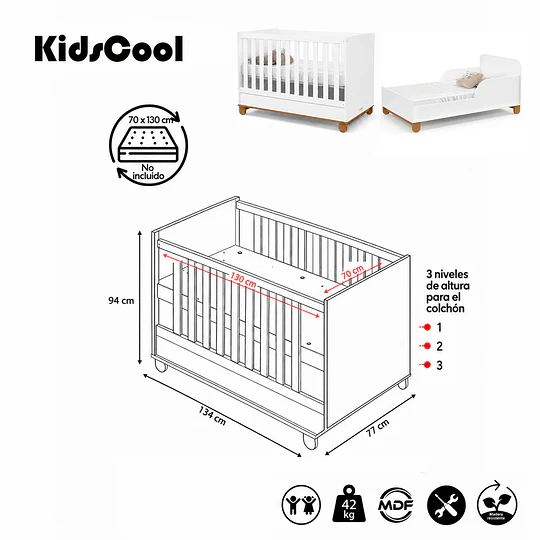 Cuna Evolutiva 2 En 1 Transición Kidscool Zupi Blanco MDF