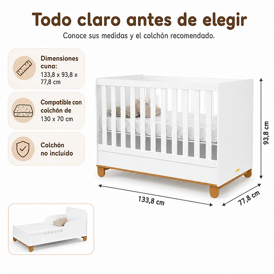 Cuna Evolutiva 2 En 1 Transición Kidscool Zupi Blanco MDF