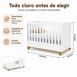 Cuna Evolutiva 2 En 1 Transición Kidscool Zupi Blanco MDF + Colchon Cuna Baby Box 130x70