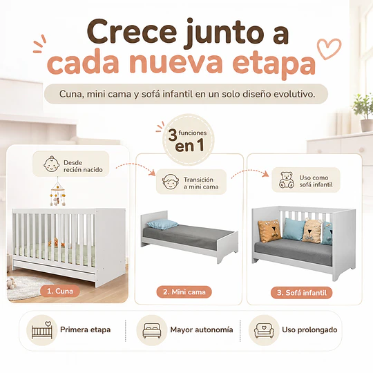 Cuna Evolutiva 3 en 1 New Kidscool Blanca MDP