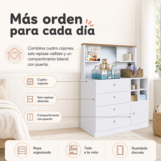Cómoda Infantil Kidscool Amore 4 Cajones 1 Puerta Blanco