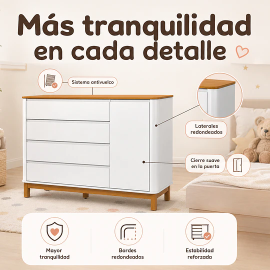 Cómoda Mudador Infantil Kidscool Flow Blanca Eco Wood 4 Cajones 1 Puerta