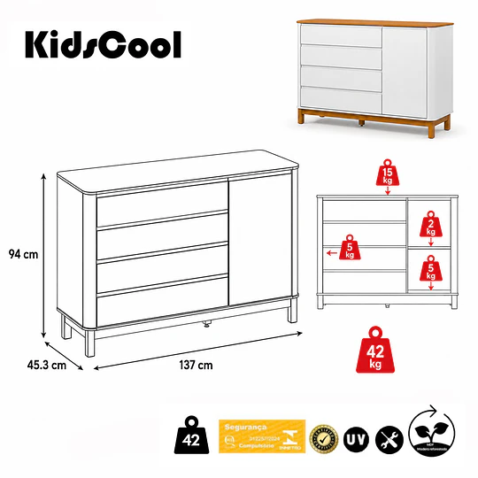 Cómoda Mudador Infantil Kidscool Flow Blanca Eco Wood 4 Cajones 1 Puerta