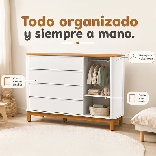 Cómoda Mudador Infantil Kidscool Flow Blanca Eco Wood 4 Cajones 1 Puerta