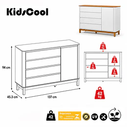Retiro/Despacho Express -Cómoda Mudador Infantil Kidscool Flow Blanca Eco Wood 4 Cajones 1 Puerta