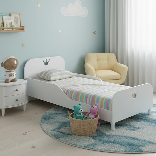 Mini Cama de Transición Infantil Príncipe Kidscool Blanco MDF   + Colchon Cama Baby Box 150x70