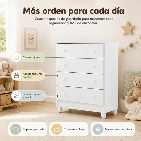 Cómoda Infantil Kidscool Mel 4 Cajones Blanco 