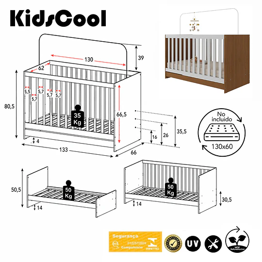 Cuna Evolutiva 3 en 1 New Kidscool Blanca Café MDP