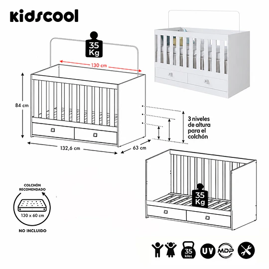 Cuna Multifunción 2 en 1 Kidscool New Amore Blanca