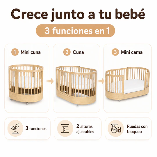 Cuna Bebé Progresiva 3 Funciones Sognare Madera Ovalada 