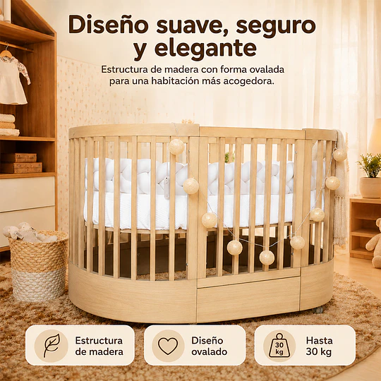Cuna Bebé Progresiva 3 Funciones Sognare Madera Ovalada 