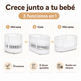 Cuna Bebé Progresiva 3 Funciones Sognare Madera Ovalada Blanca