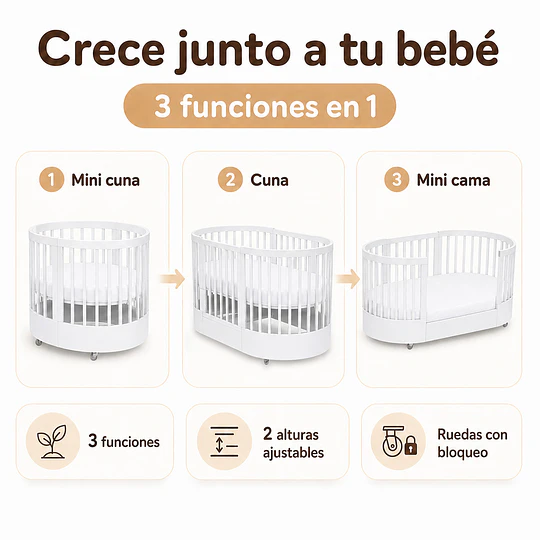 Cuna Bebé Progresiva 3 Funciones Sognare Madera Ovalada Blanca