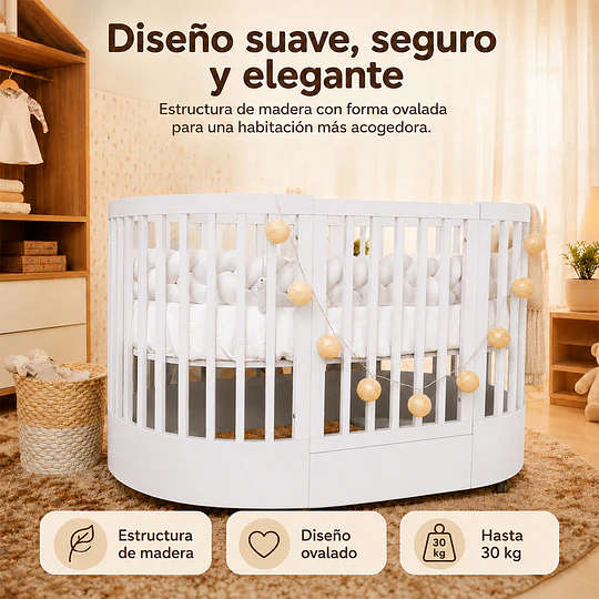 Cuna Bebé Progresiva 3 Funciones Sognare Madera Ovalada Blanca