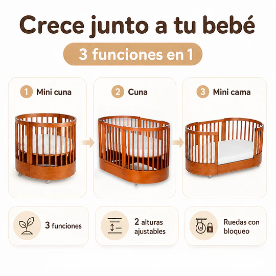 Cuna Bebé Progresiva 3 Funciones Sognare Madera Miel Ovalada 