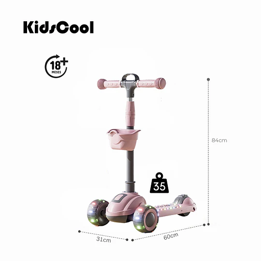 Scooter Plegable 3 Ruedas Kidscool Rosada Luces y Música-Preventa 3 Agosto