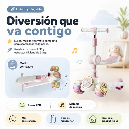 Scooter Infantil 3 en 1 Kidscool Rosado Plegable con Asiento-Preventa 3 Agosto