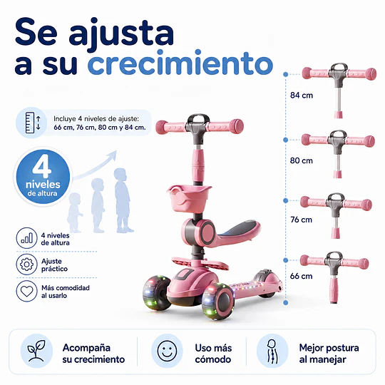 Retiro Express - Scooter con Asiento Luces y Música Kidscool Rosado Plegable