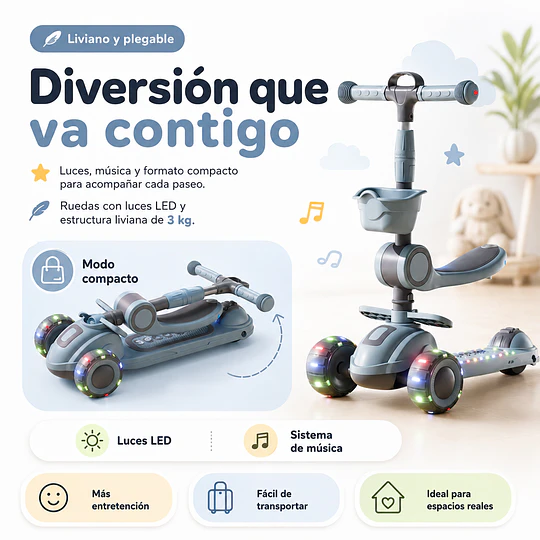 Retiro Express - Scooter con Asiento Luces y Música Kidscool Gris Plegable