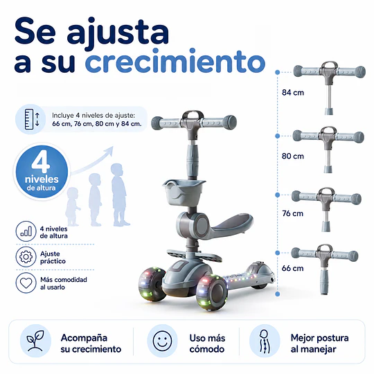 Retiro Express - Scooter con Asiento Luces y Música Kidscool Gris Plegable