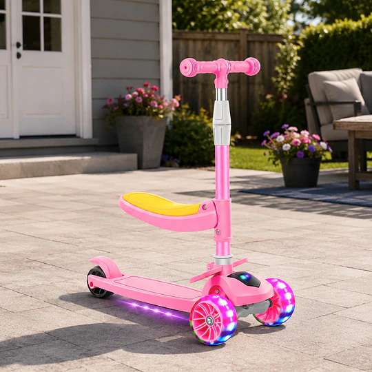 Retiro Express - Scooter Plegable con Asiento Kidscool Rosado Música y Luces