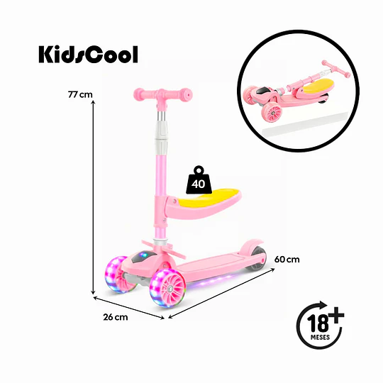 Retiro Express - Scooter Plegable con Asiento Kidscool Rosado Música y Luces