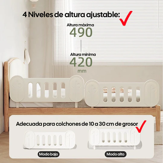 Baranda de Cama Infantil Fija Protectora Anticaídas Plástico 43.7x117x35 cm