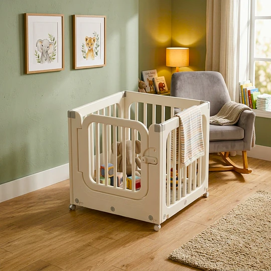 Corral de Juegos Móvil Kidscool con Ruedas y Puerta Crudo Neutro 77x78x73 cm