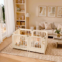 Corral de Juegos Móvil Rectangular Doble Kidscool con Ruedas y Puerta Crudo Neutro | 73x153x77 cm