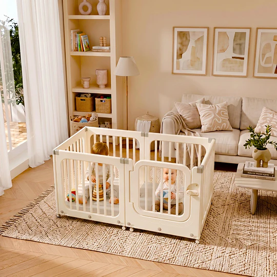 Corral de Juegos Móvil Rectangular Doble Kidscool con Ruedas y Puerta Crudo Neutro | 73x153x77 cm