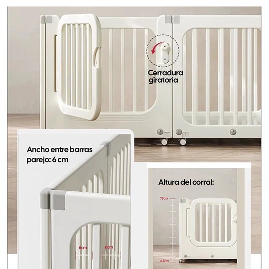 Corral de Juegos Móvil Rectangular Doble Kidscool con Ruedas y Puerta Crudo Neutro | 73x153x77 cm