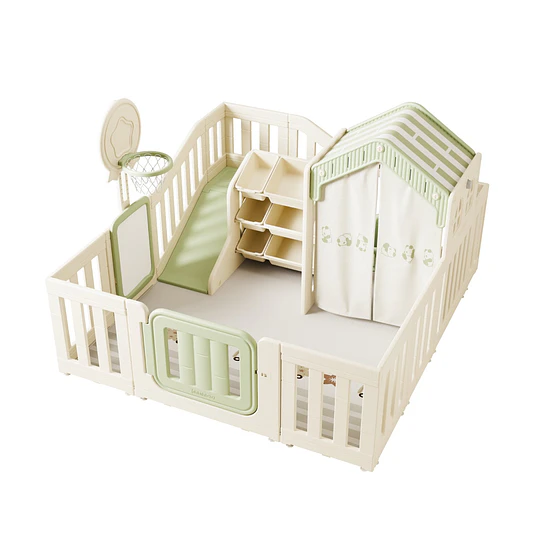 Corral de 7 Juegos Infantil con Casita y Centro de Actividades Plástico Beige | 133x180x200 cm