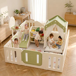Corral de 7 Juegos Infantil con Casita y Centro de Actividades Plástico Beige | 133x180x200 cm