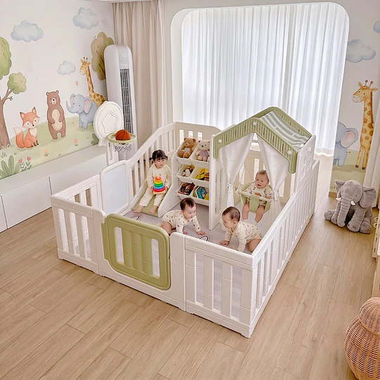 Corral de 7 Juegos Infantil con Casita y Centro de Actividades Plástico Beige | 133x180x200 cm